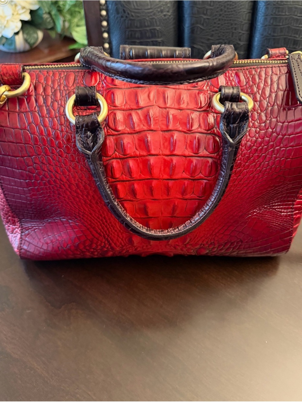 Exquisite Brahmin Red Croc-Embossed Satchel with Dark Brown Trim & Gold Hardware - Picture 2 of 4
